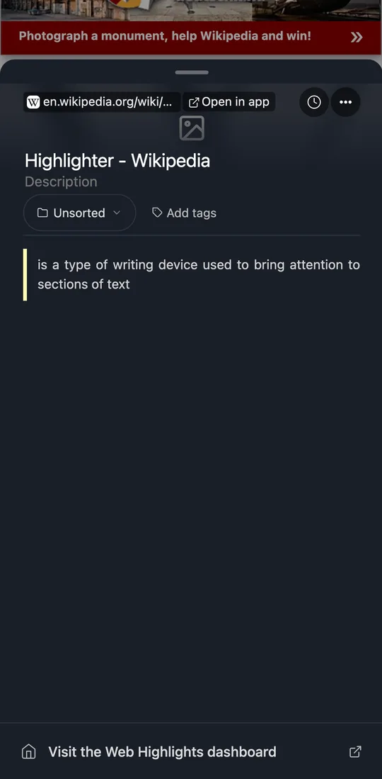 The notebook of the current page in Edge for Android, with the dashboard link at the bottom