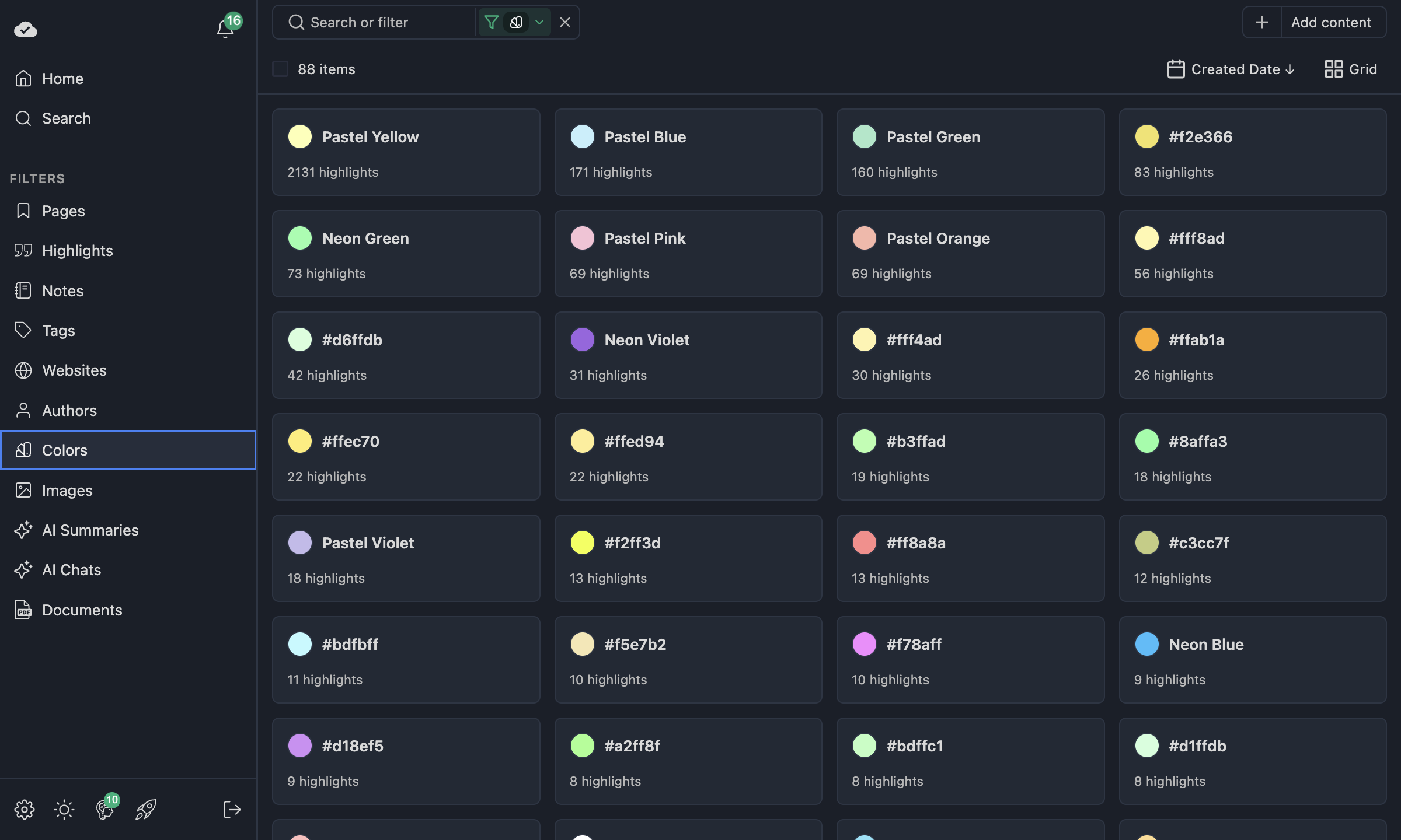 Colors view showing highlight colors with counts