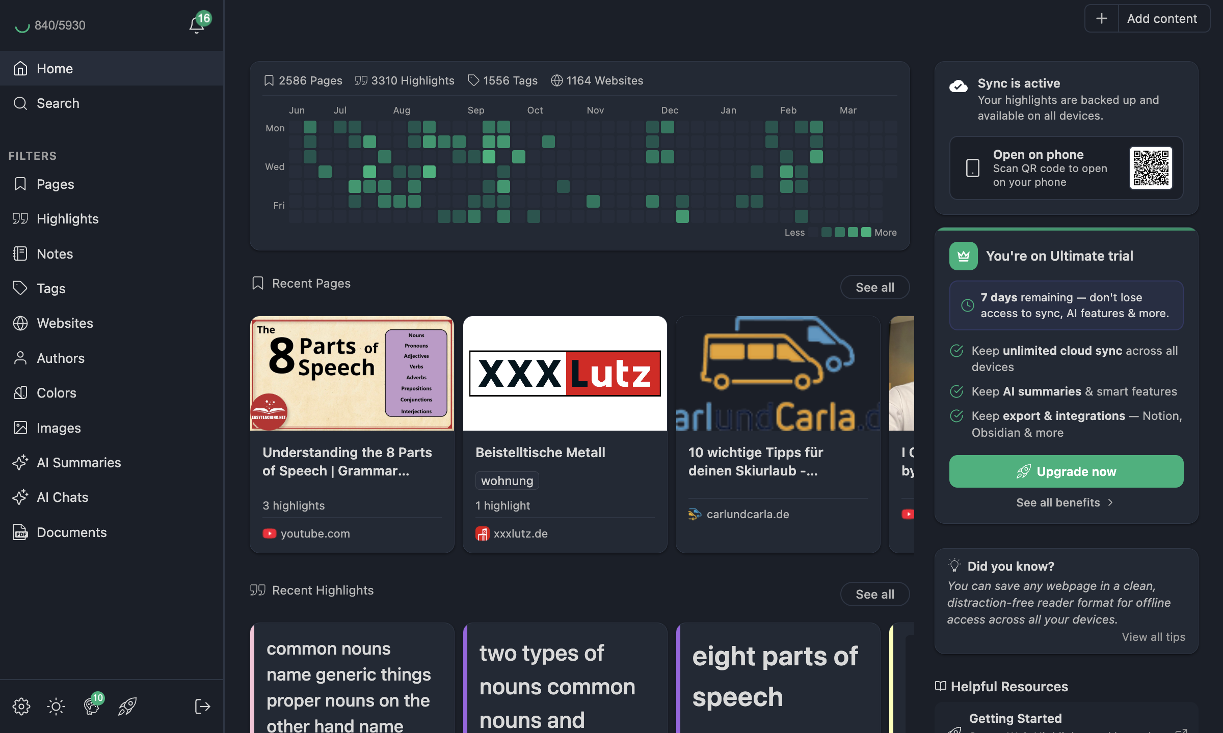 Dashboard overview with stats, contribution graph, and recent activity