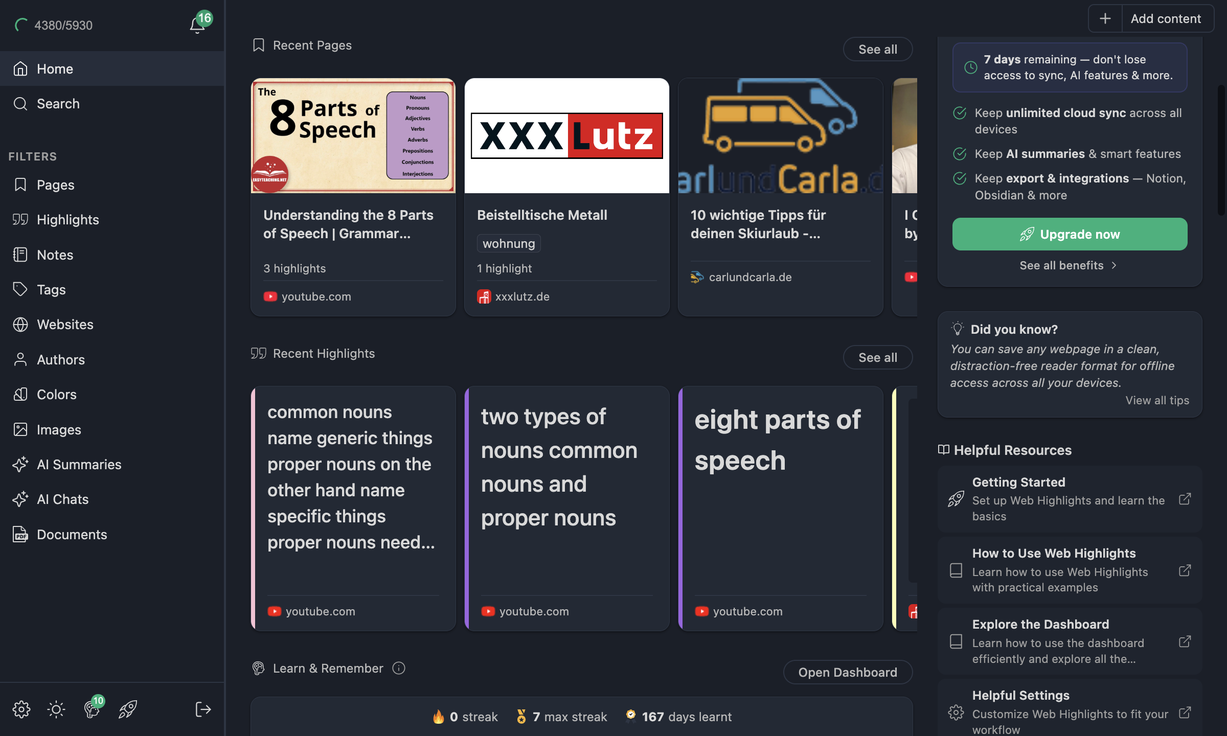Recent pages section with horizontal scrolling