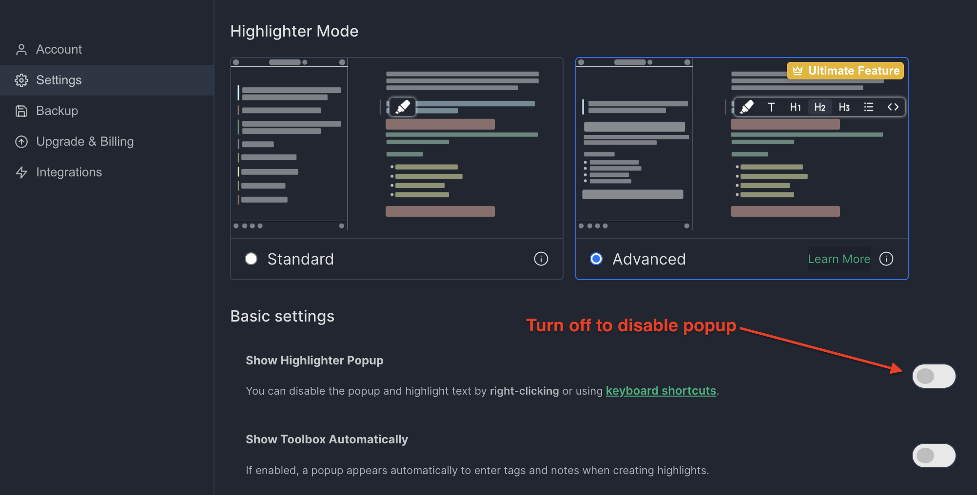 Disable highlighter popup