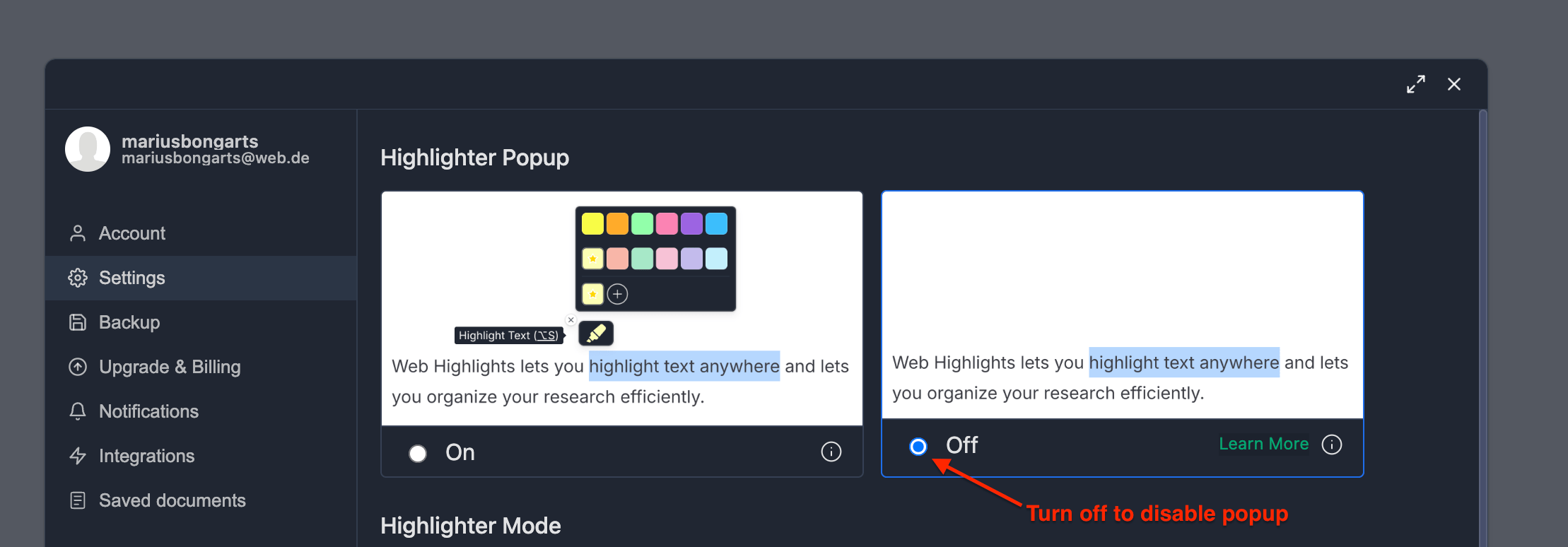 Disable highlighter popup