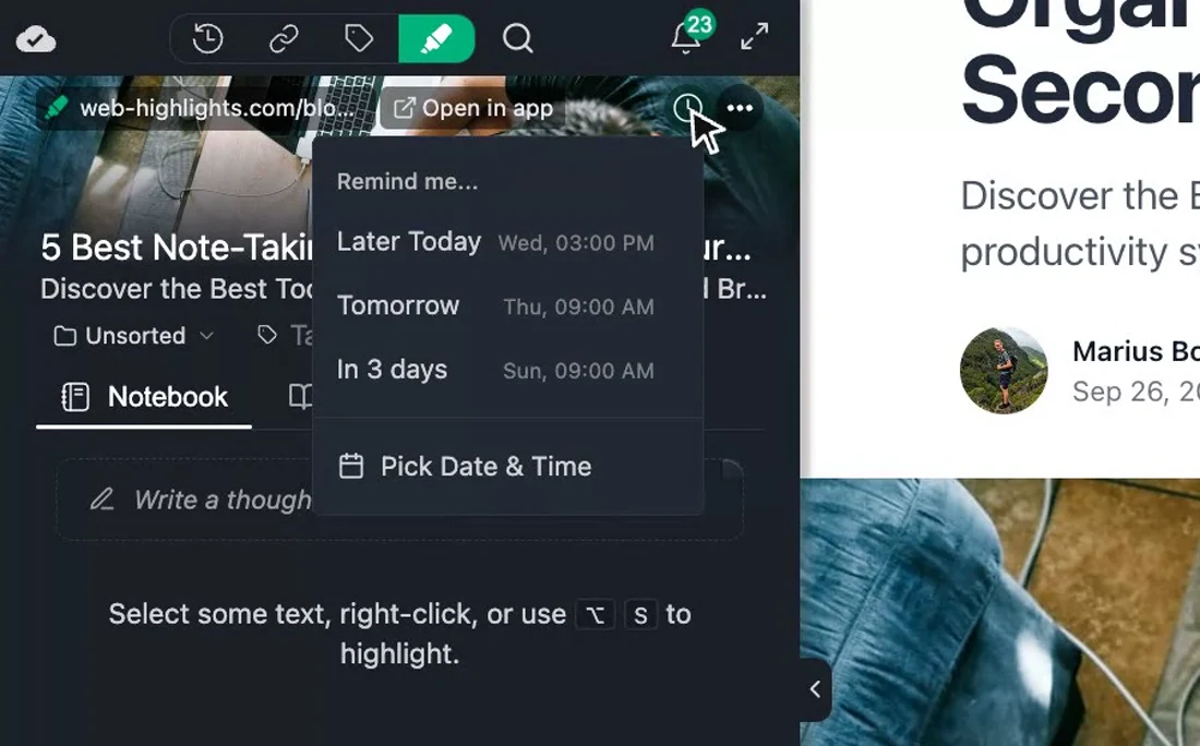The Remind me menu with Later Today, Tomorrow, In 3 days and Pick Date & Time
