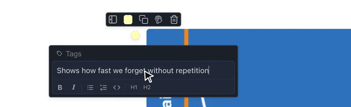 The dot indicator on a saved image, with the toolbar and the note editor open