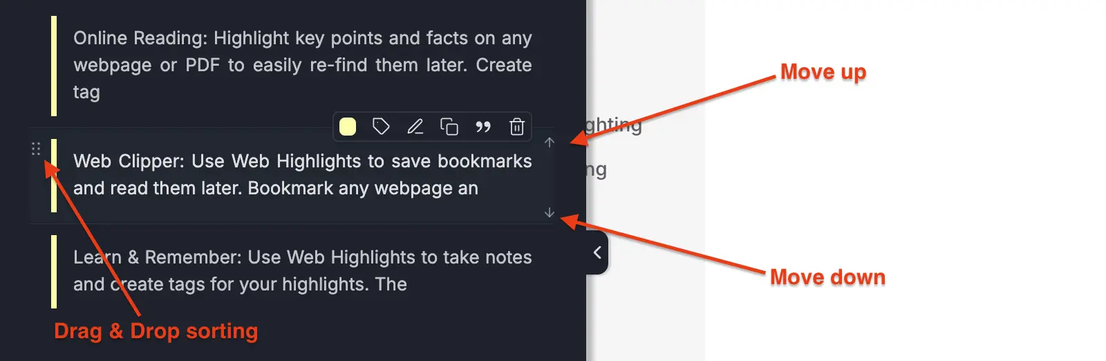 Choose between drag and drop and arrow-up/arrow-down sorting to rearrange your highlights
