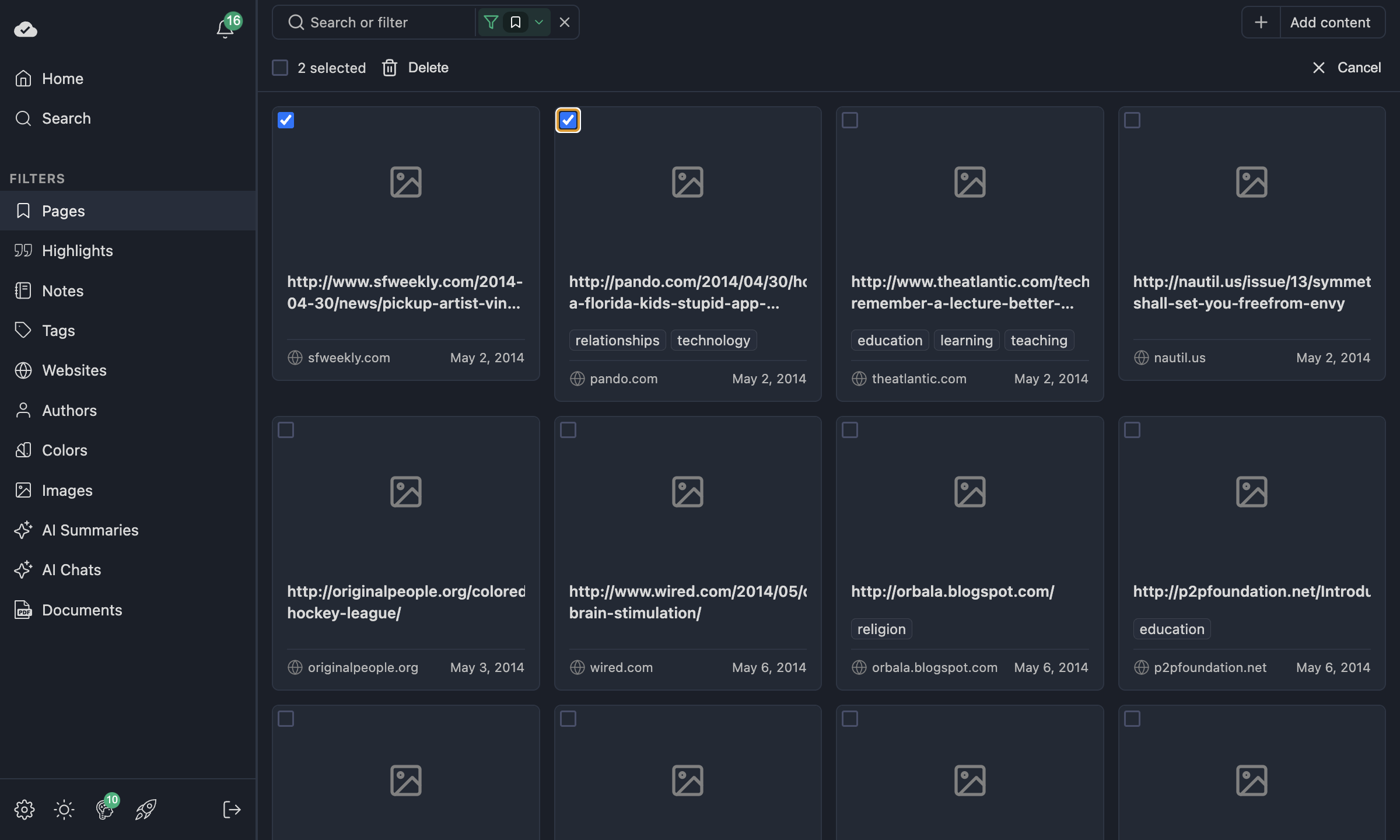 Multi-select with 2 pages selected and Delete action visible