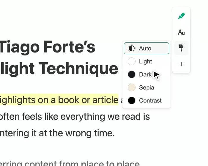 Reader color modes: Auto, Light, Dark, Sepia and Contrast