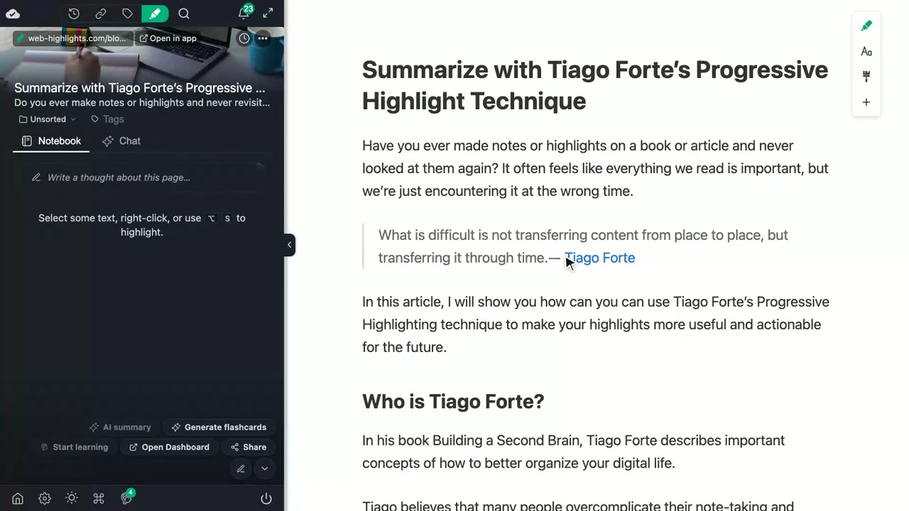 An article in the reader with the sidebar on the left and the reader toolbar on the right