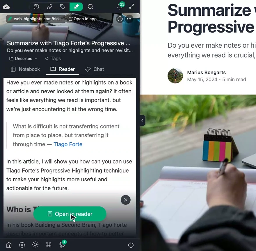 The Reader tab in the sidebar with the Open in reader button