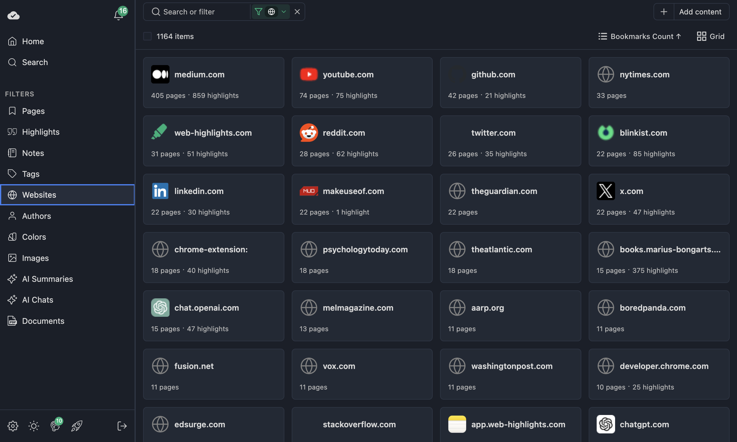 Websites view grouped by domain