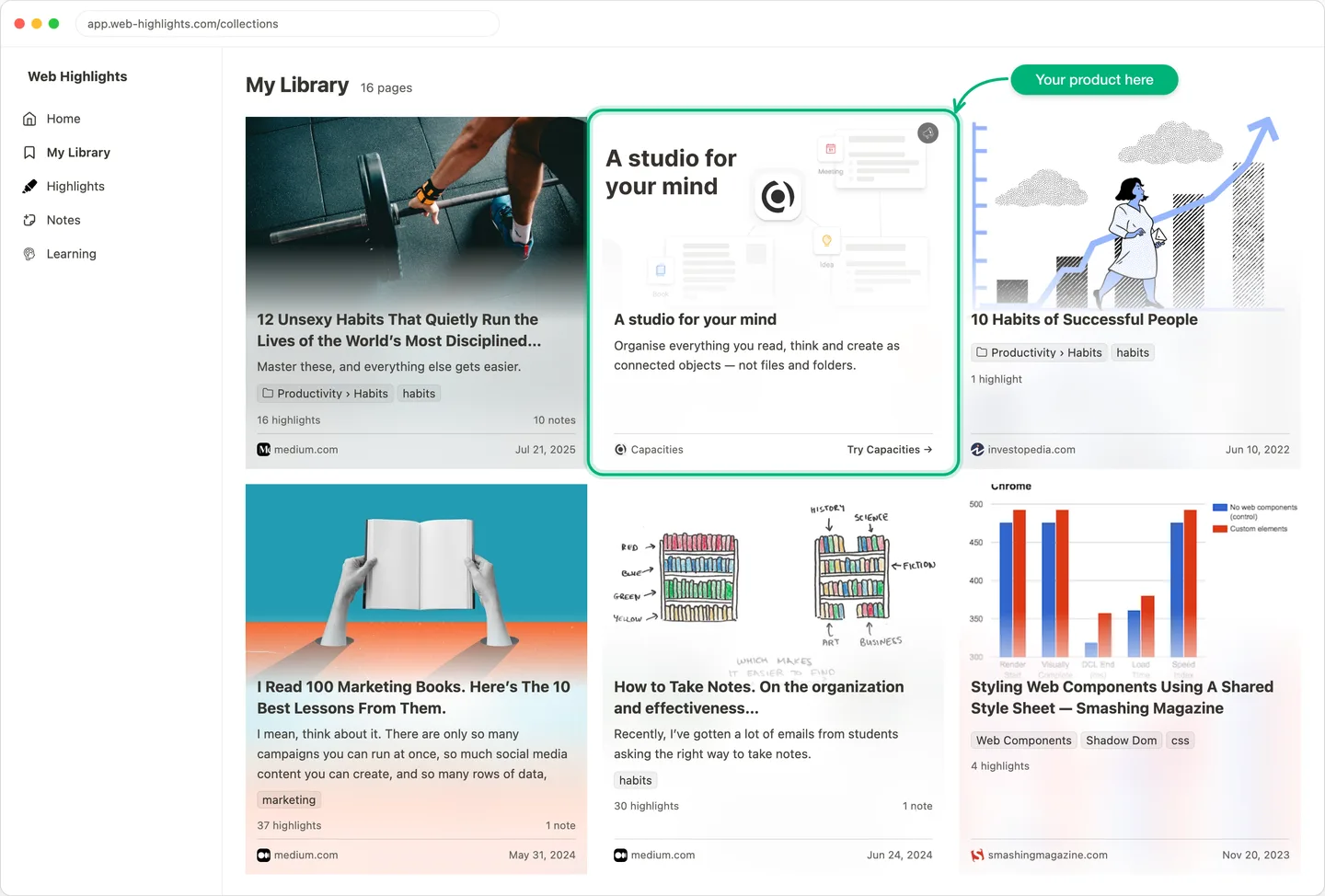 Web Highlights Library with the sponsored card marked