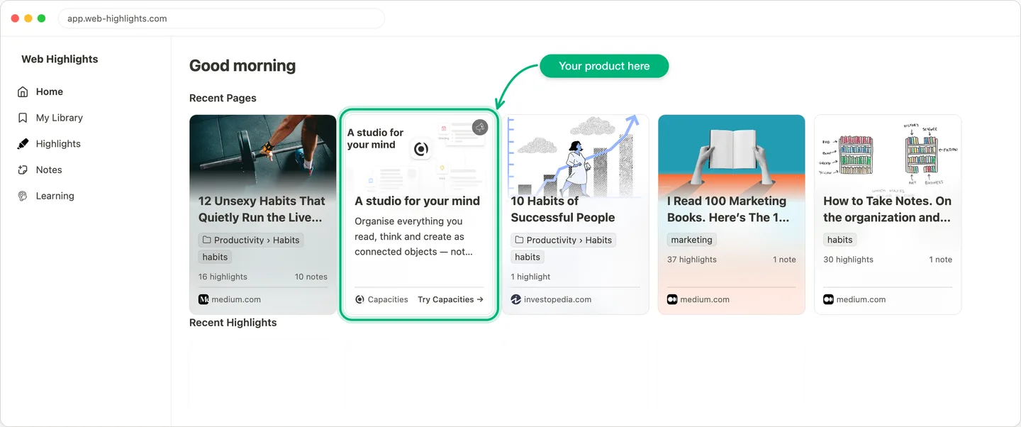 Web Highlights Dashboard with the sponsored card marked