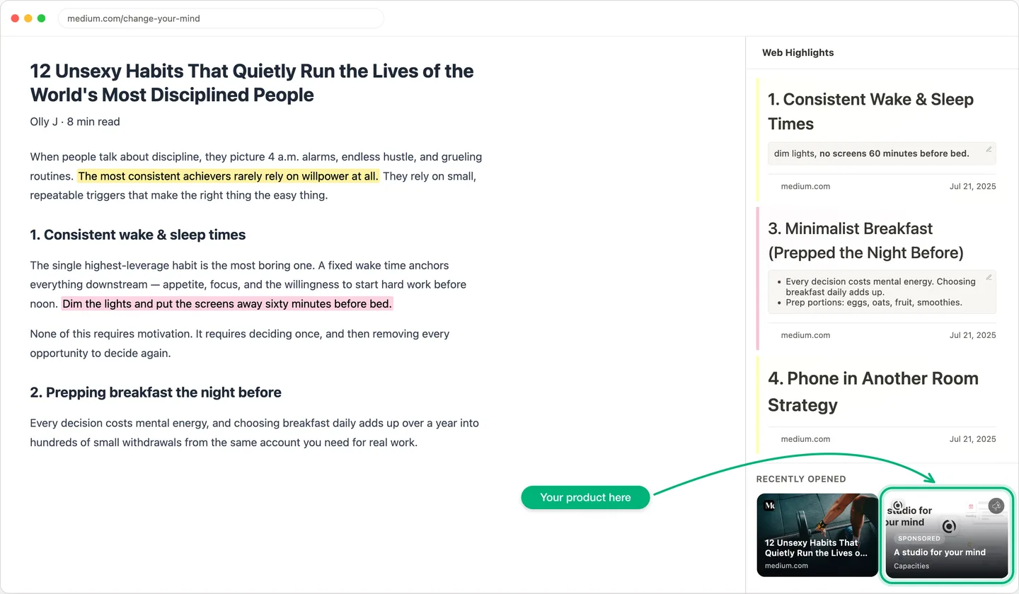 Web Highlights In-page sidebar with the sponsored card marked