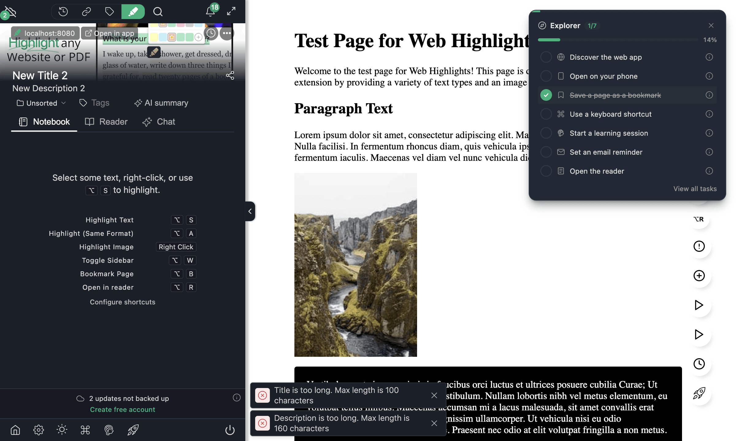 Extension sidebar showing the editable title and description of the current page