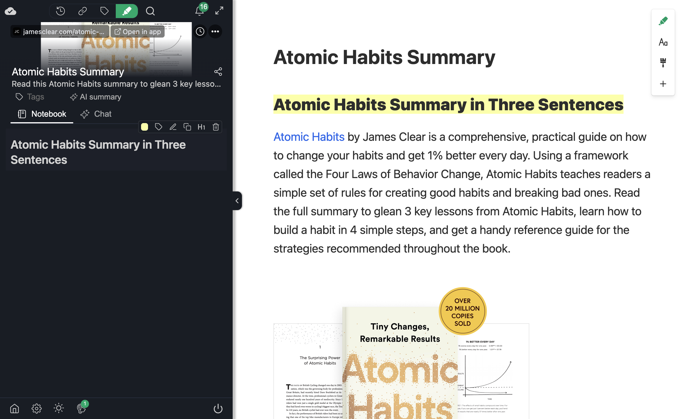 Article title highlighted as Heading 1 in the sidebar