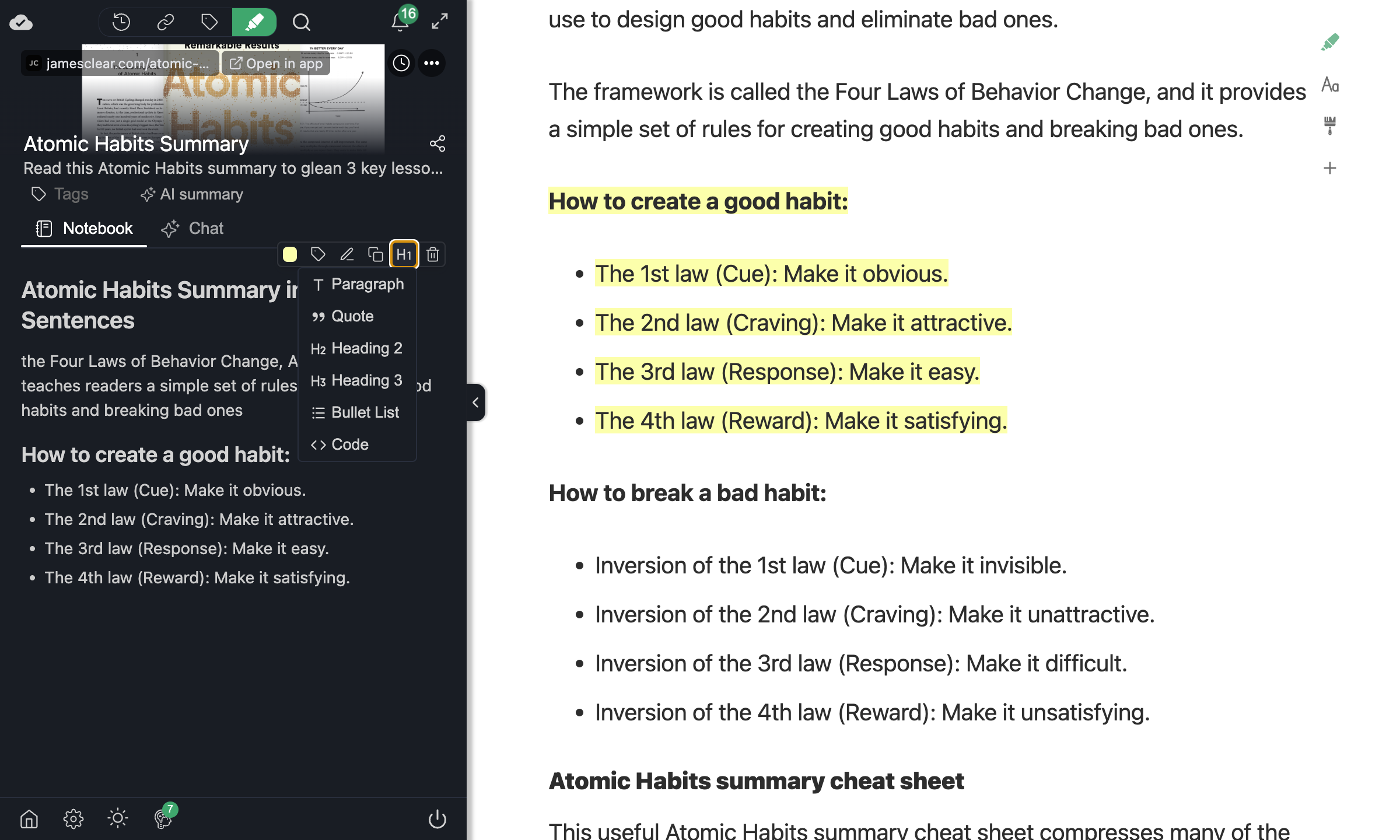 Media type dropdown open on a highlight in the sidebar