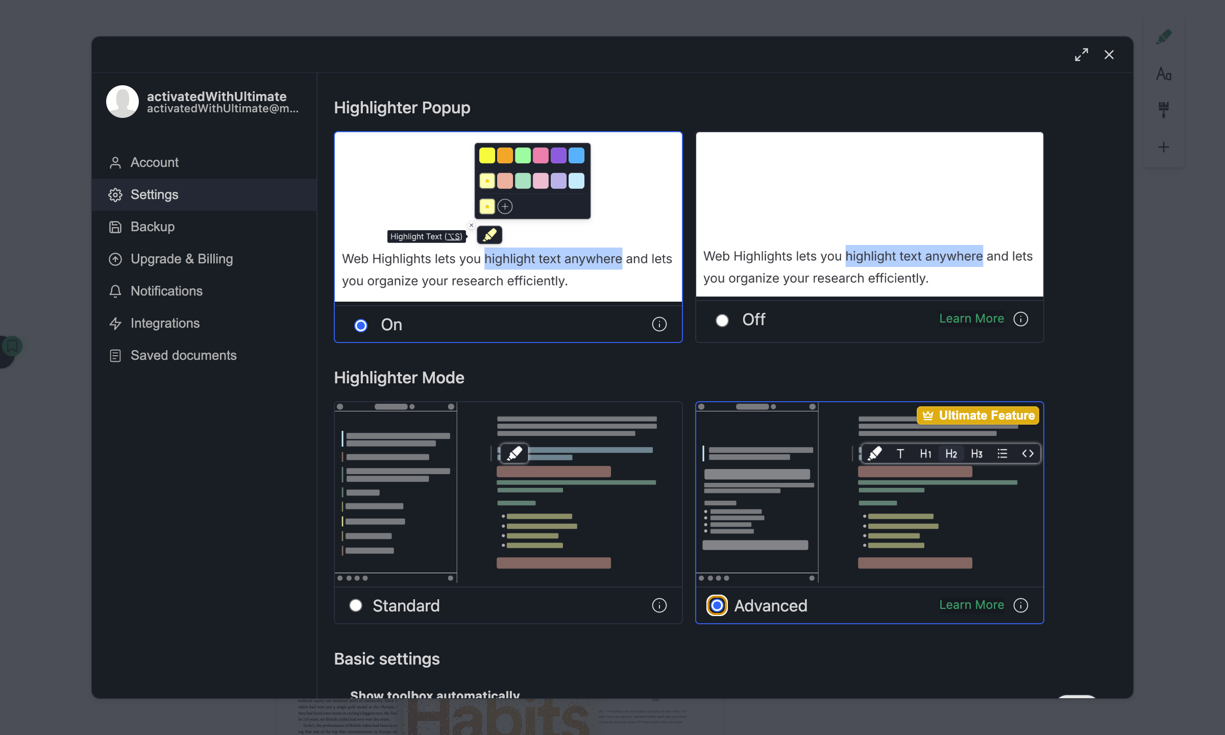 Settings panel showing the Highlighter Mode selector with Advanced mode selected
