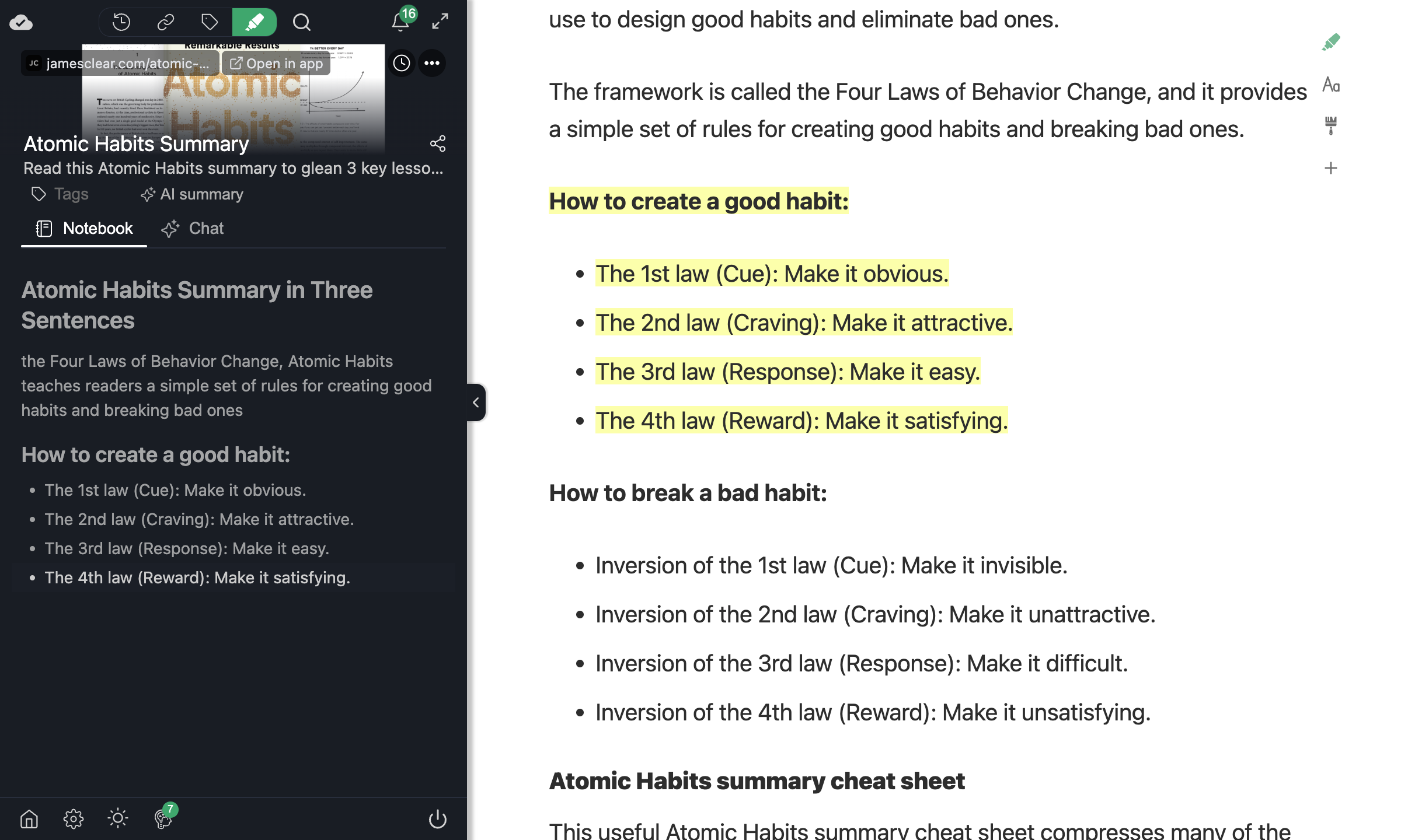 Sidebar with multiple formatted highlights — headings, code, list items, and paragraphs