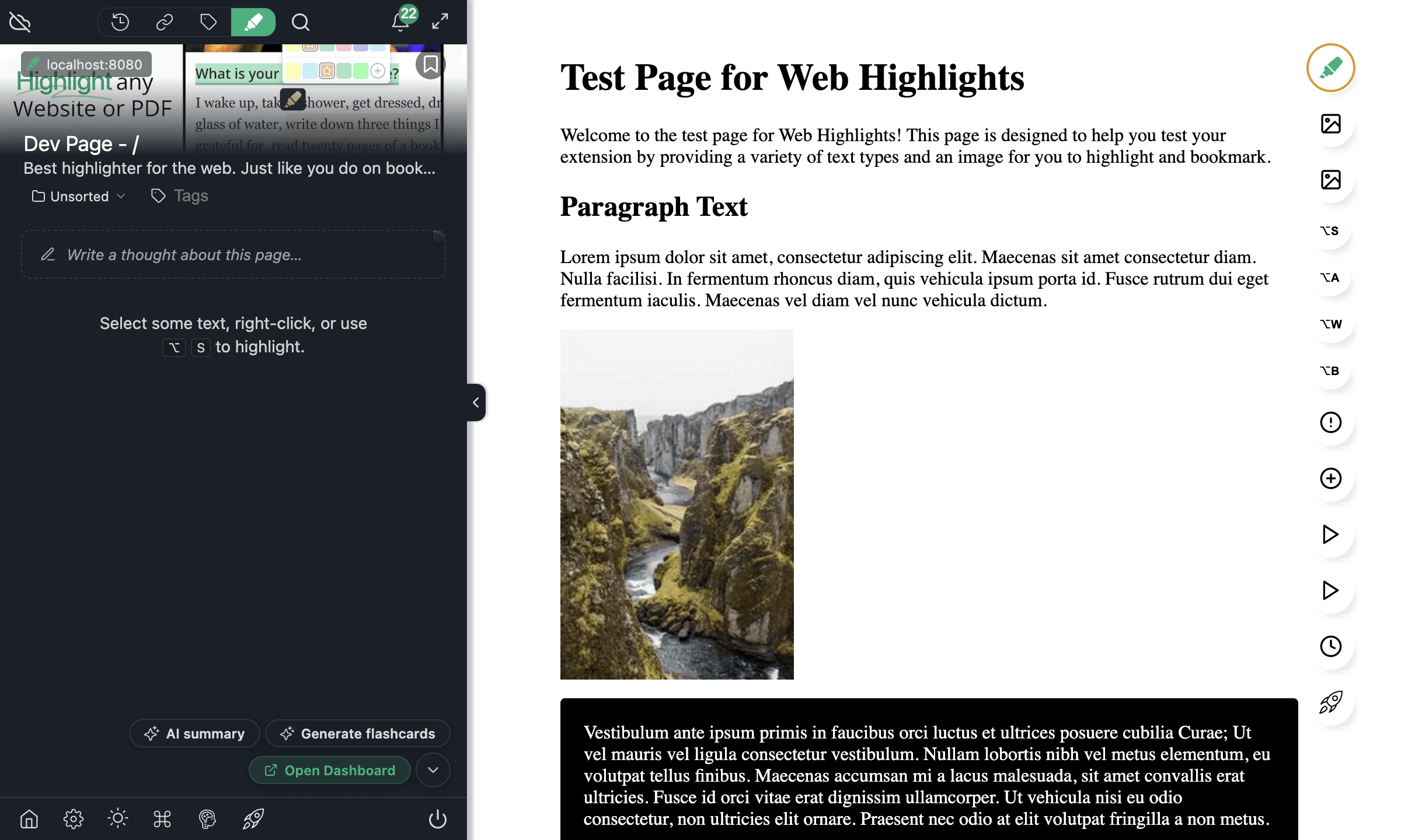 The 'Write a thought about this page…' prompt at the top of the empty sidebar