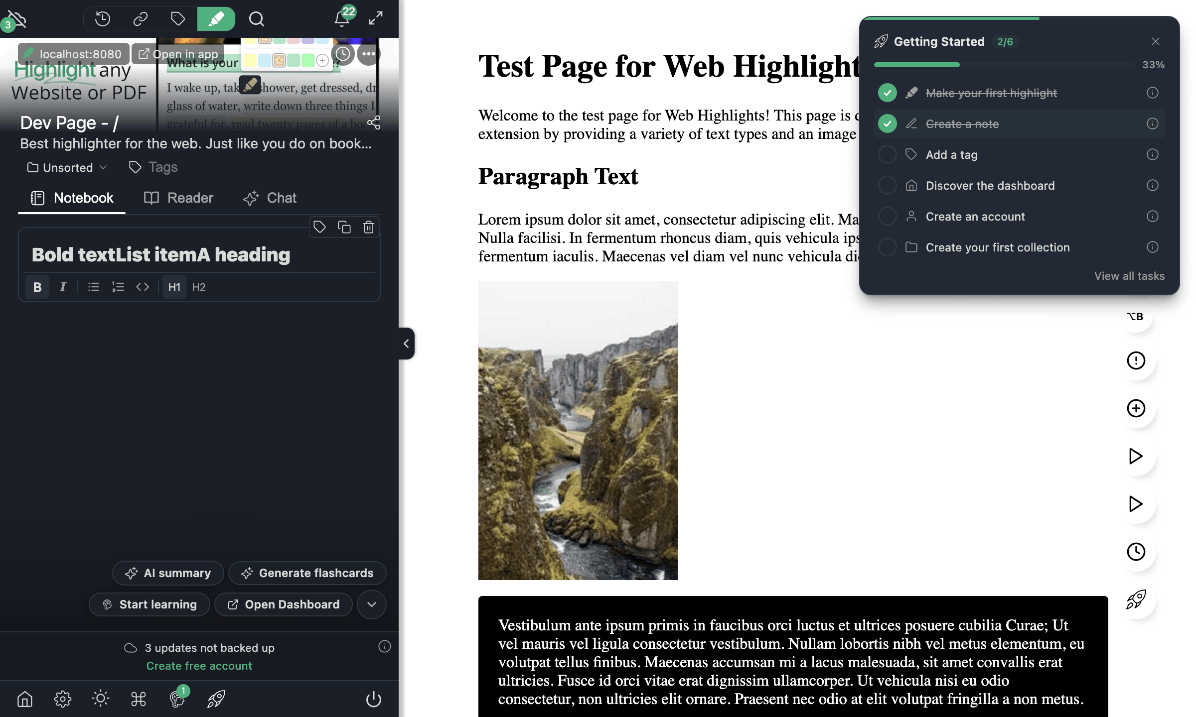 A page note with the rich-text formatting toolbar open