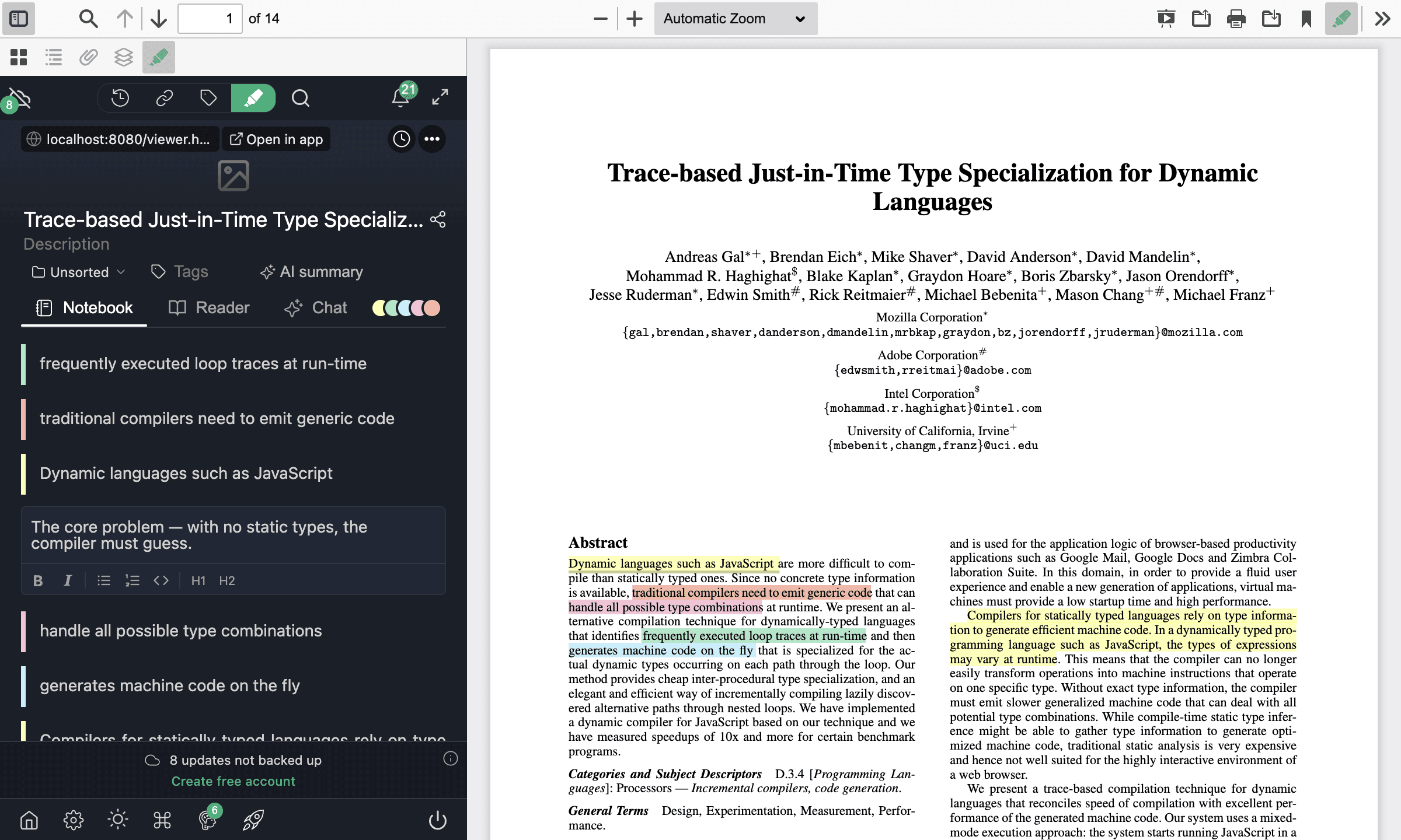 A PDF highlighted in several colors in the free viewer, with the highlights and a note listed in the sidebar