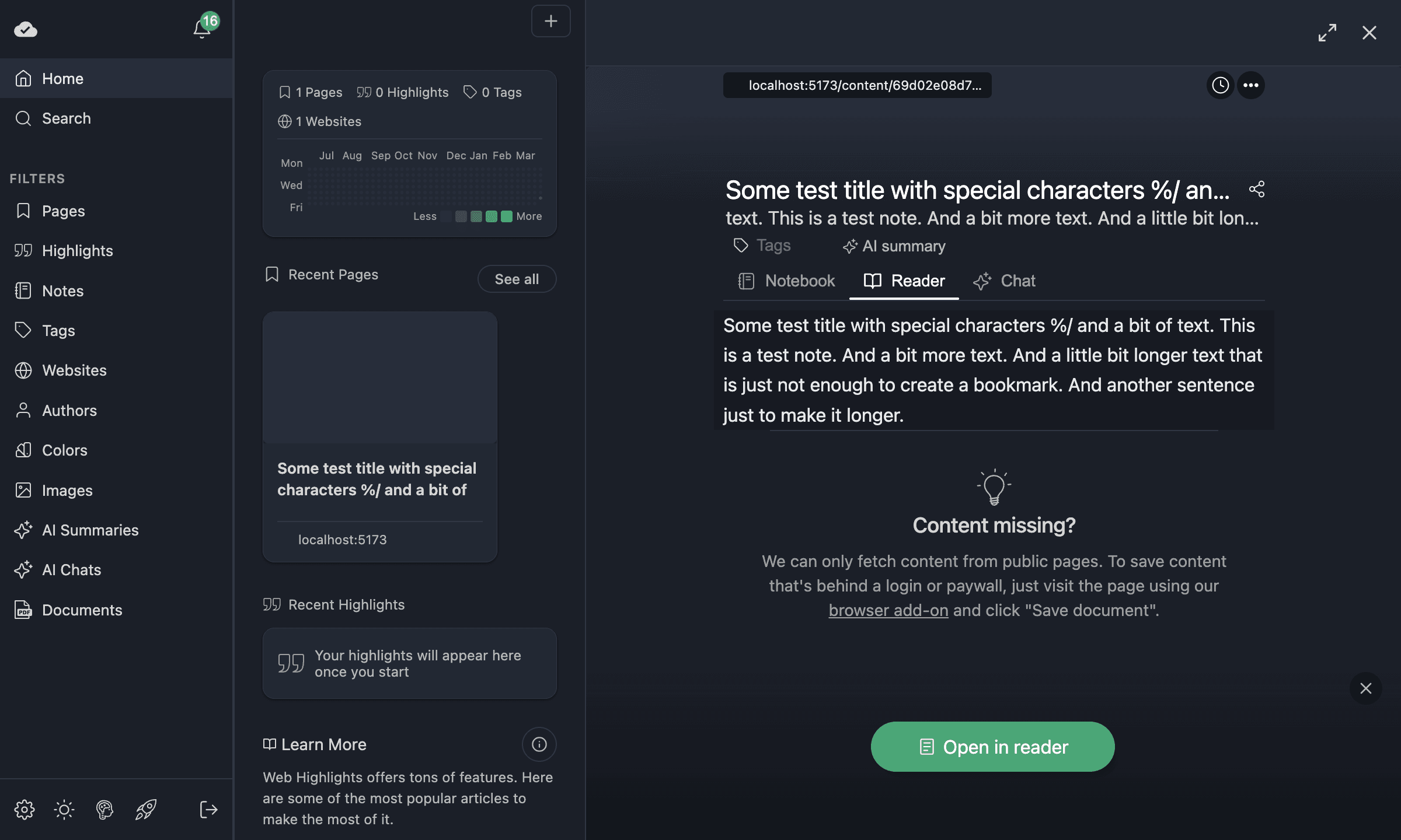 Page created from pasted text, shown in the Reader tab