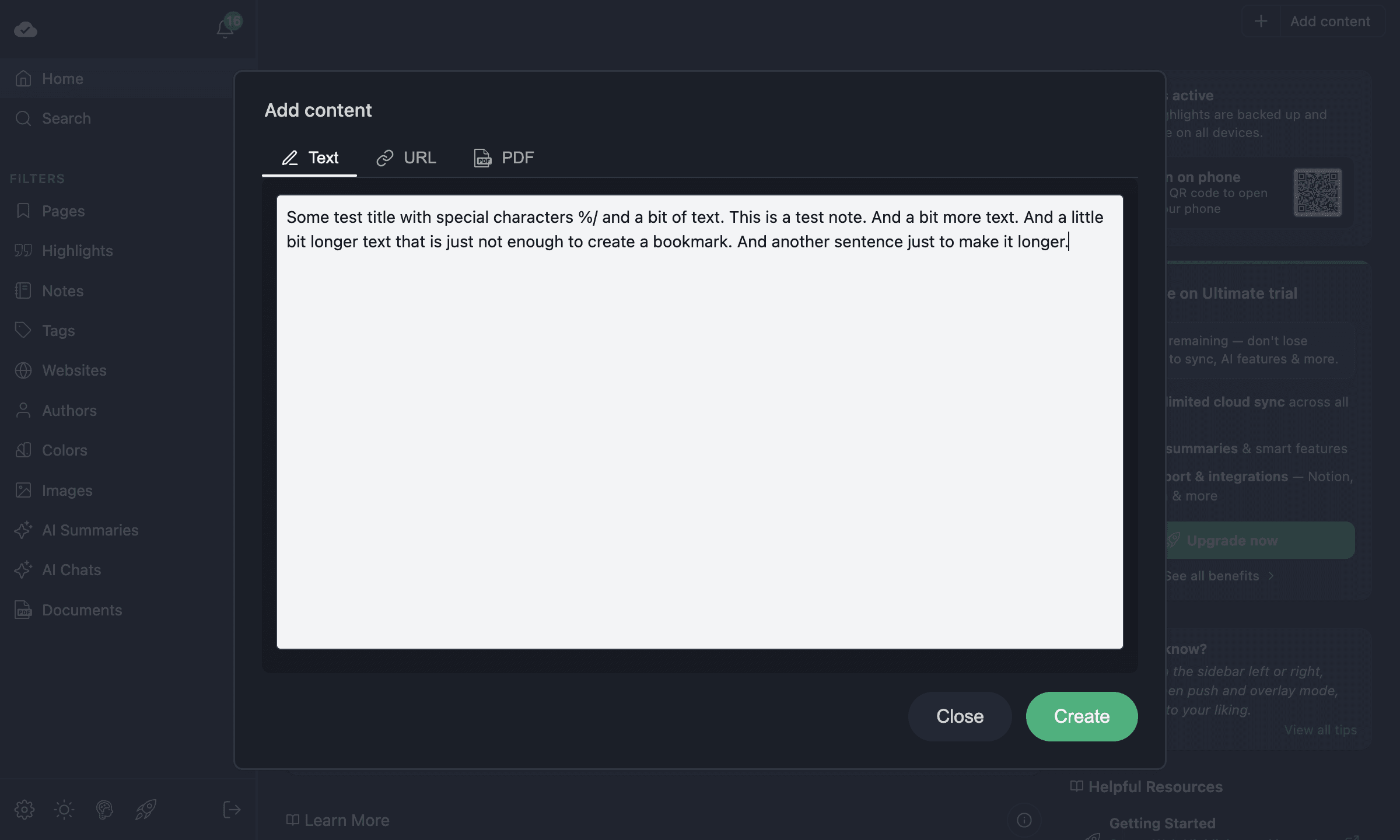 Add Content dialog with the Text tab active and content pasted in