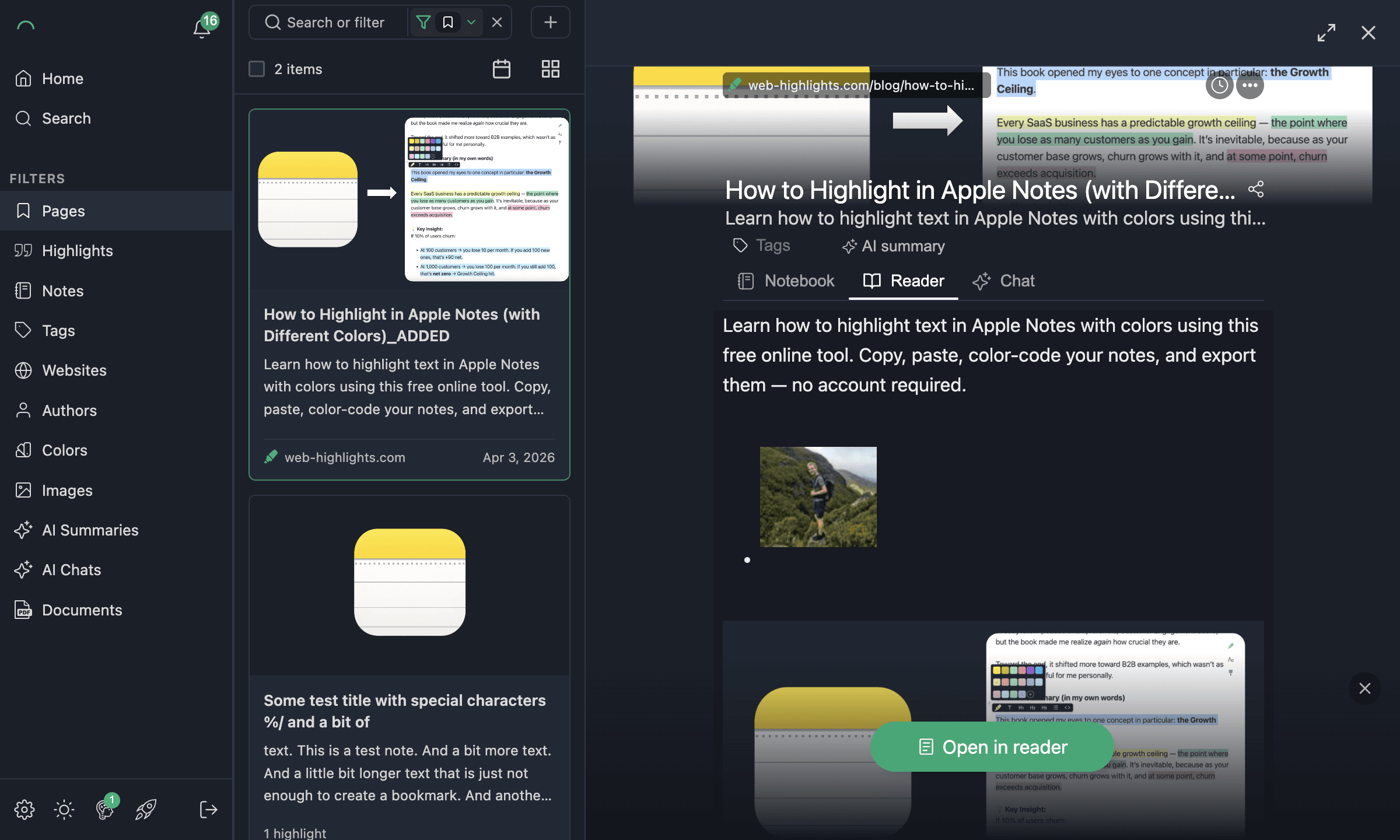 Page created from a URL import, shown in the app with bookmark details