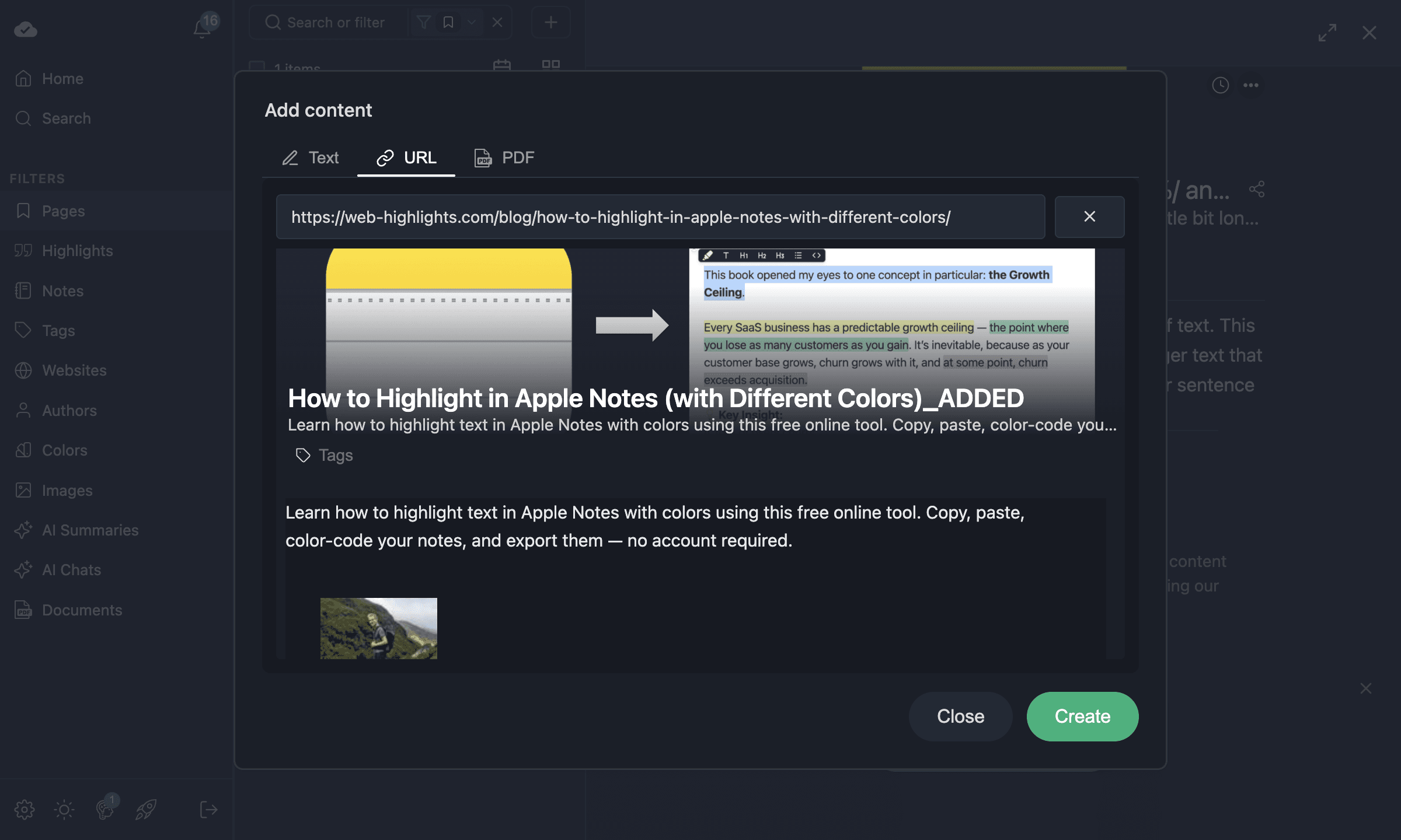 Add Content dialog with URL tab showing a fetched page preview