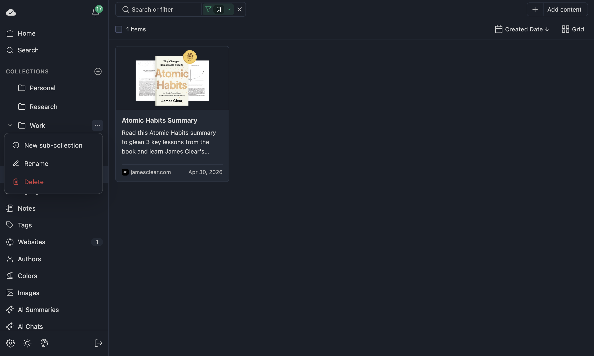 Collection row actions menu with New sub-collection, Rename, and Delete
