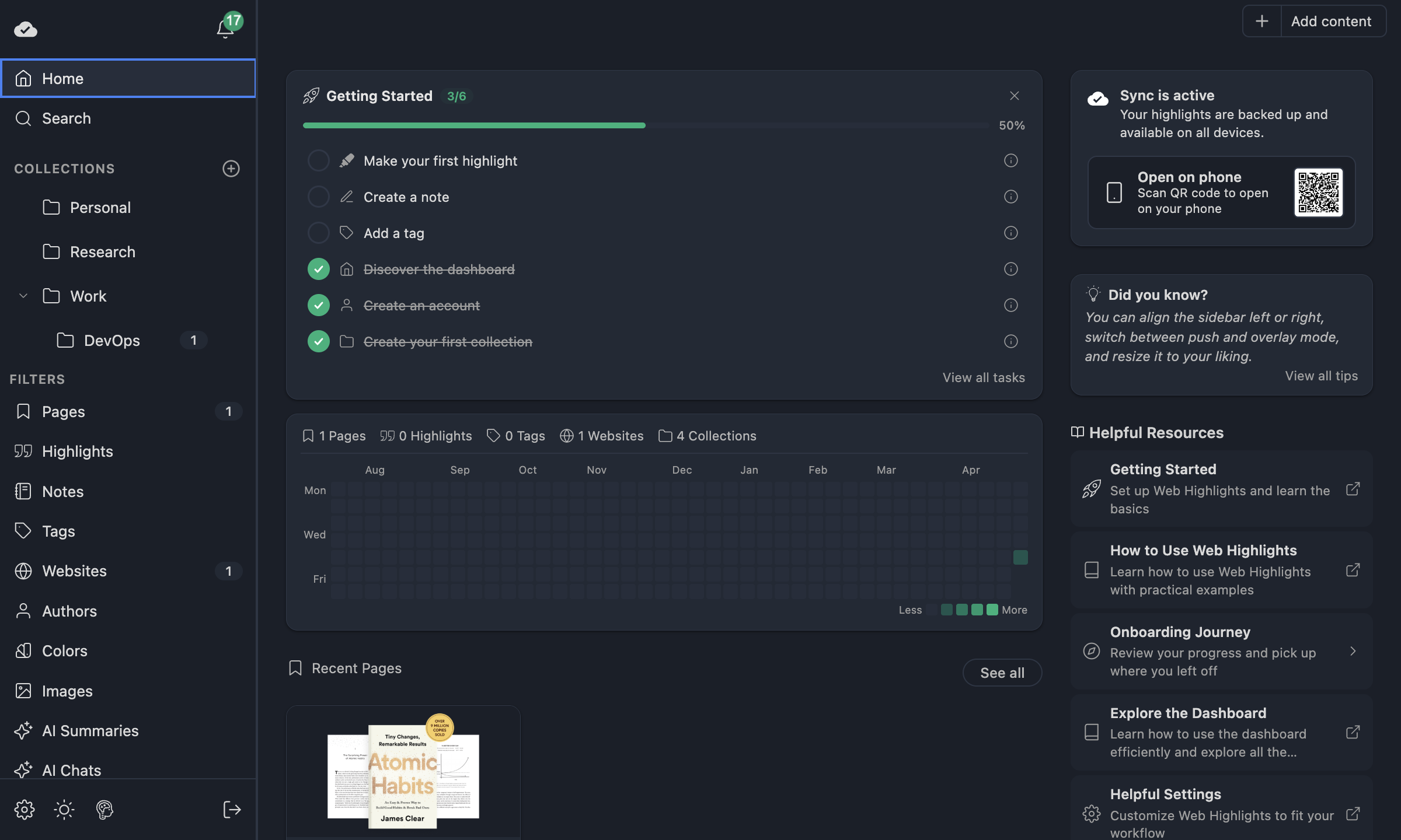 Dashboard stats bar including Collections