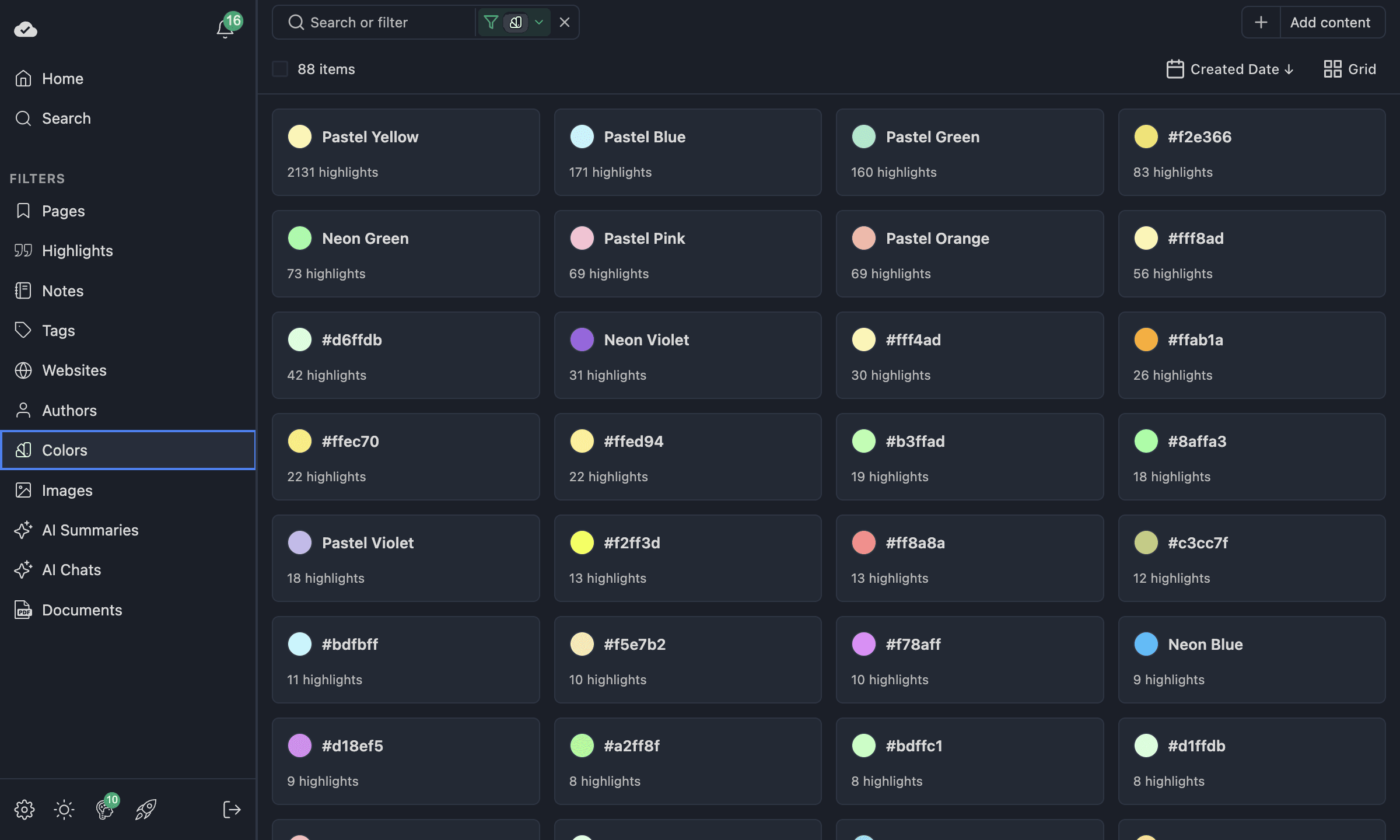 Colors view showing highlight colors with counts