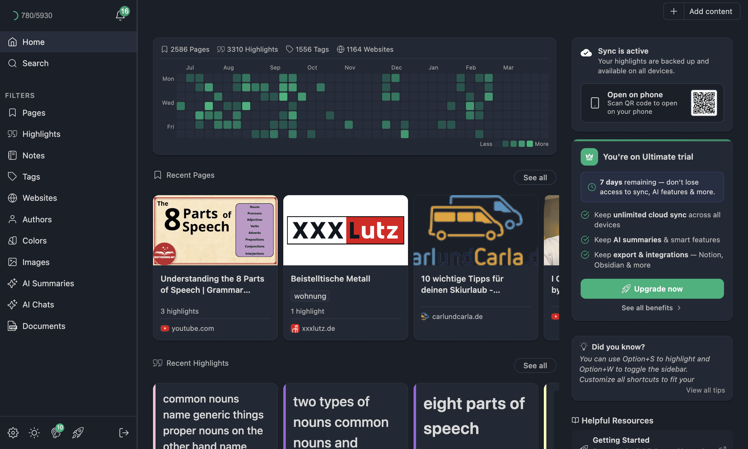 Dashboard overview with stats, contribution graph, and recent activity