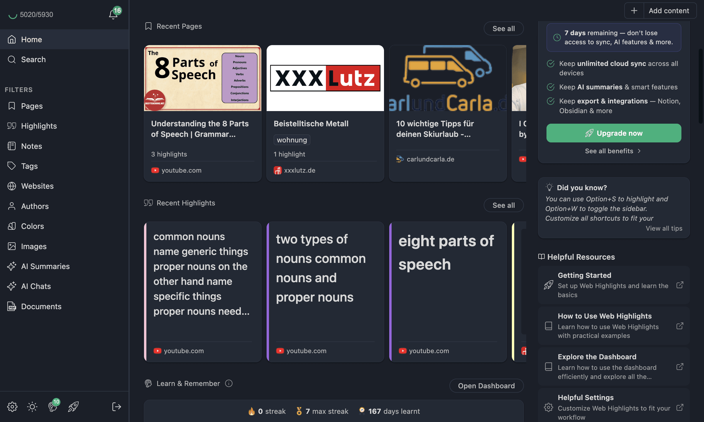 Recent pages section with horizontal scrolling