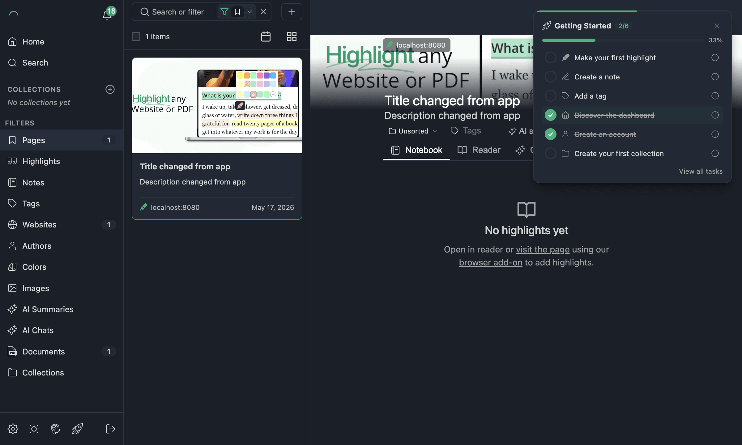 Web app bookmark modal showing the editable title and description fields