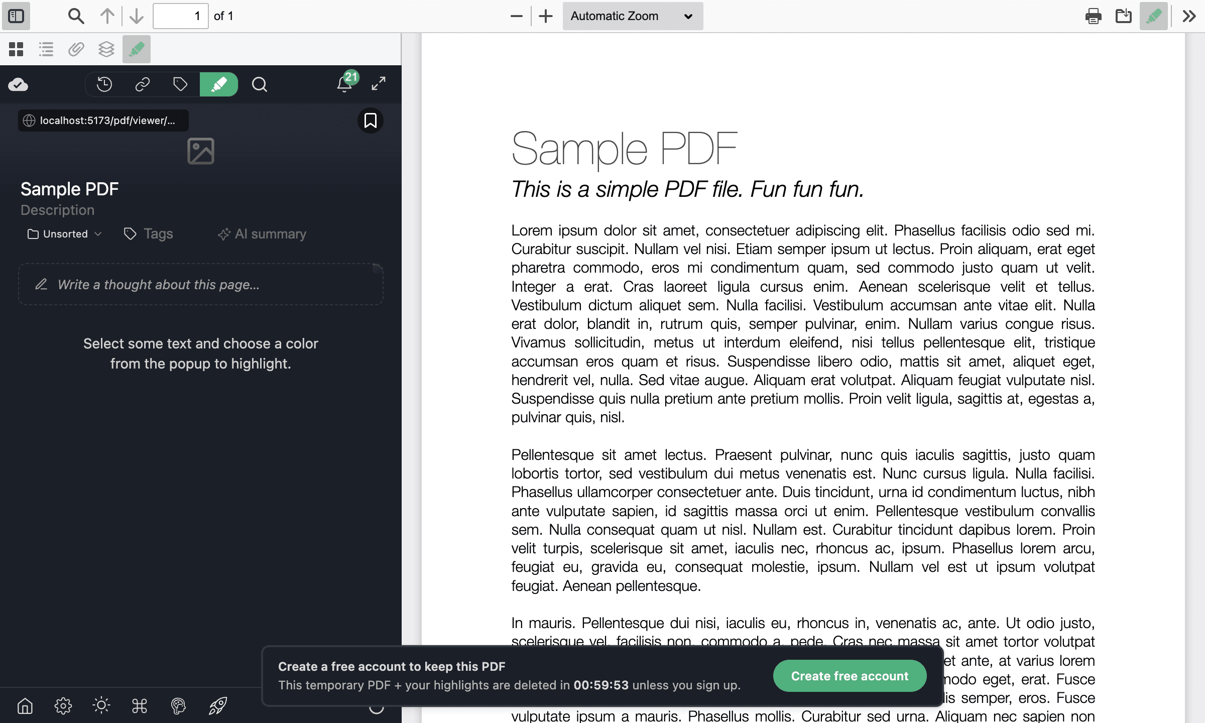 A PDF open in the free online highlighter in the browser, ready to mark, with the transparency banner at the bottom