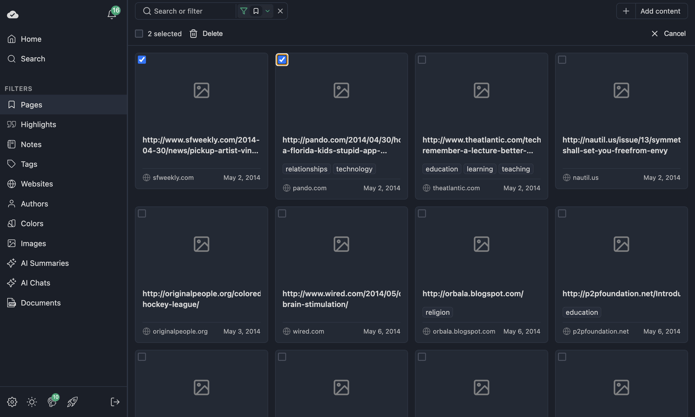 Multi-select with 2 pages selected and Delete action visible