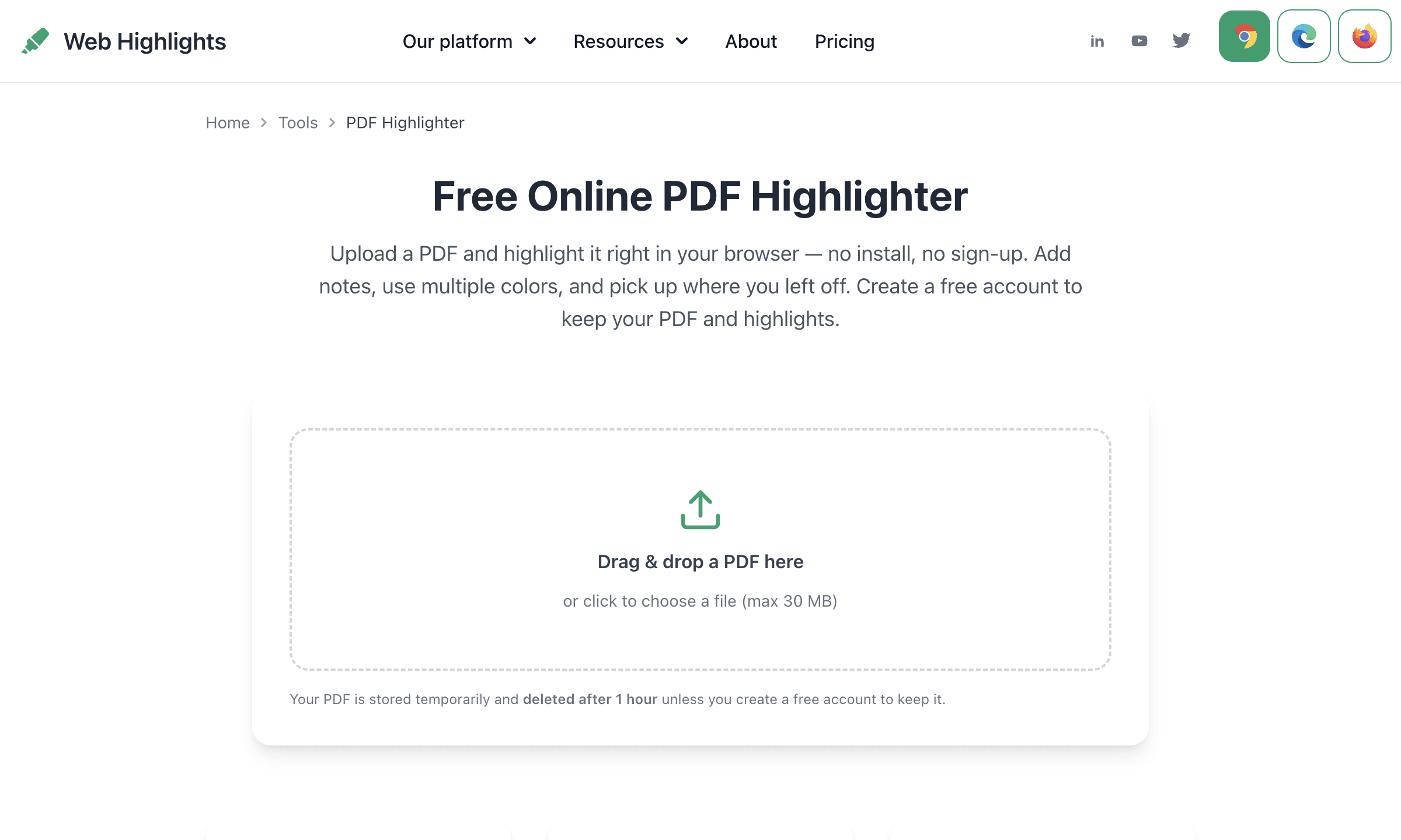 The Free Online PDF Highlighter upload card — drag in a PDF to highlight it in the browser