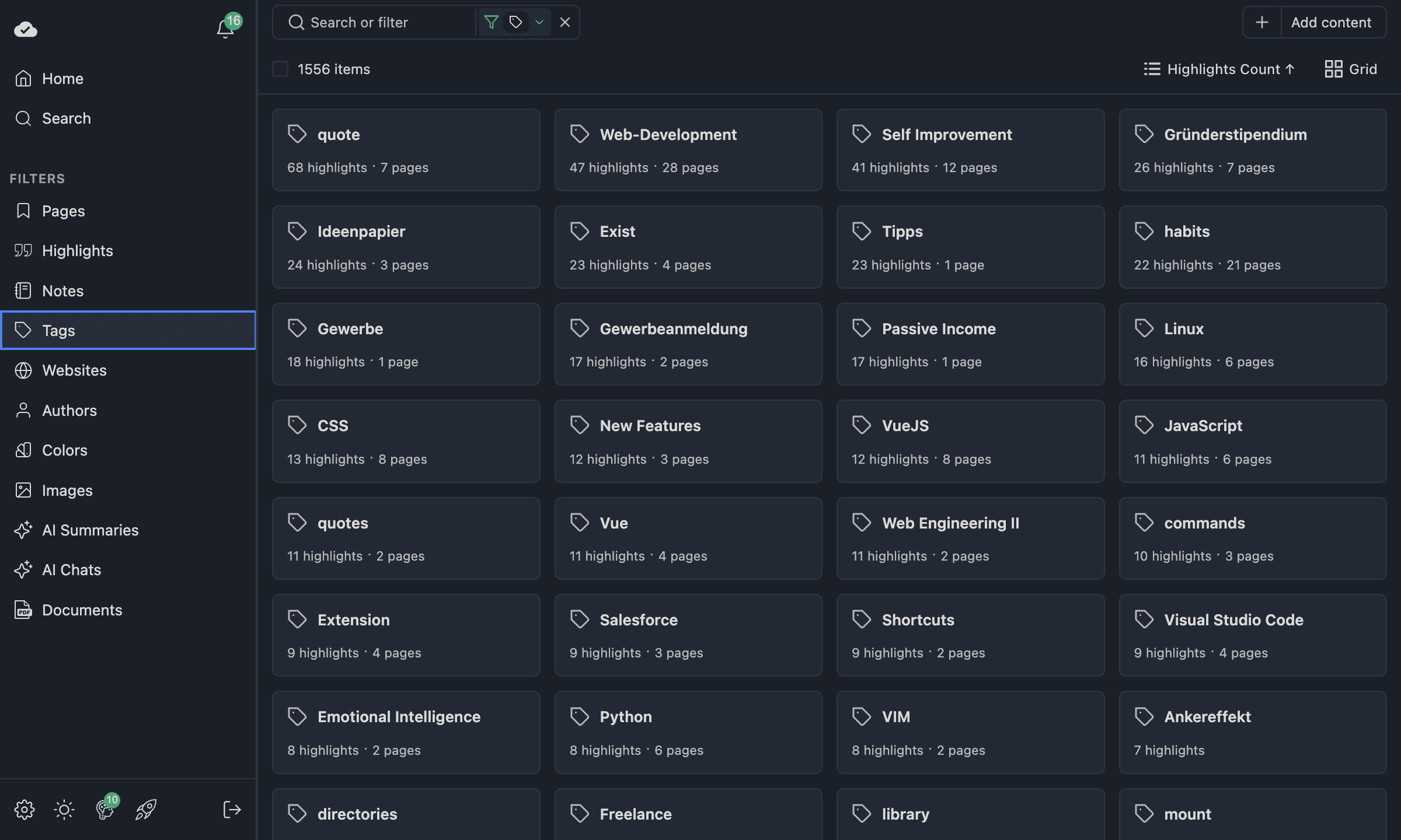 Tags view showing tag names with highlight and page counts
