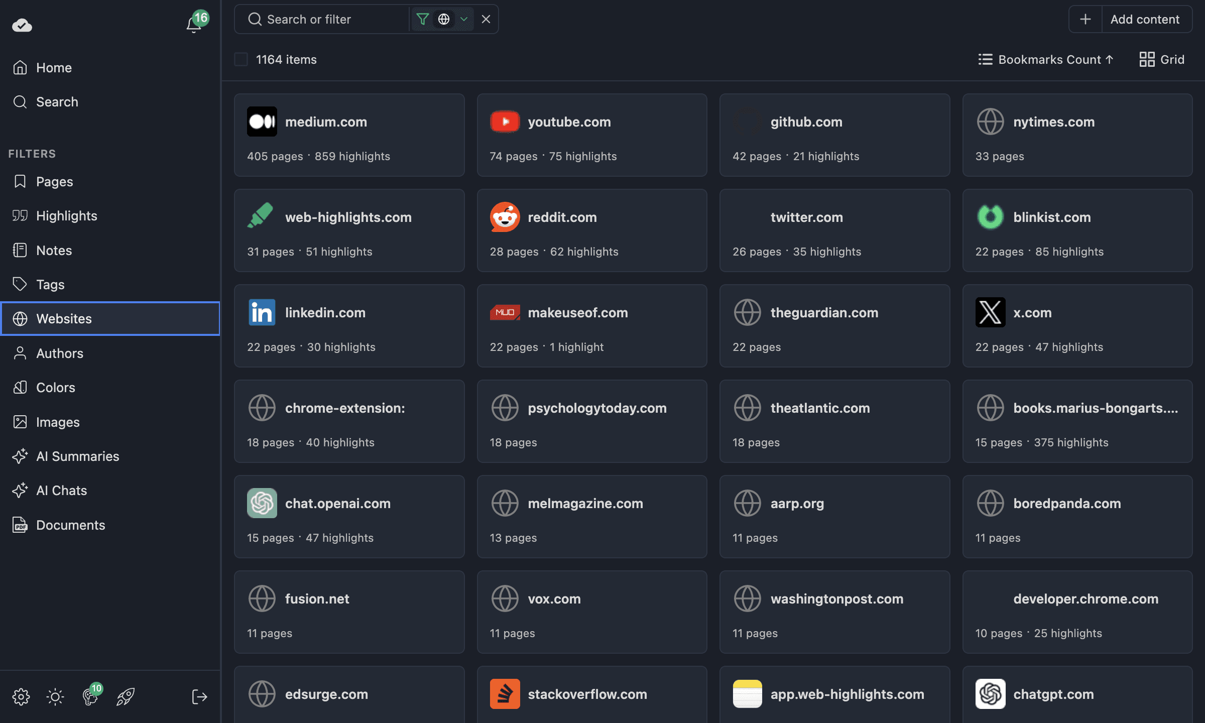 Websites view grouped by domain