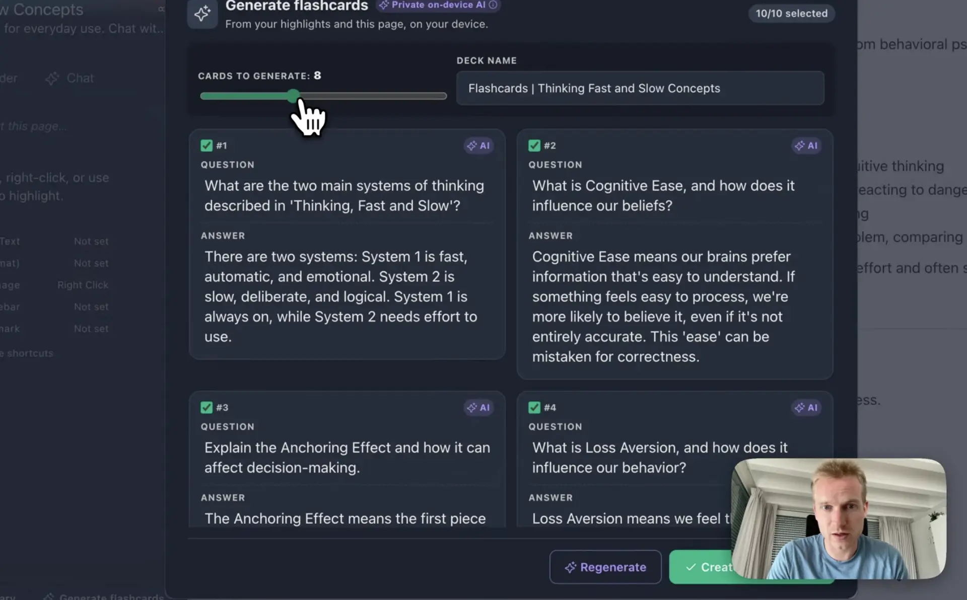 The AI flashcard configurator drafting question-and-answer cards from a ChatGPT conversation