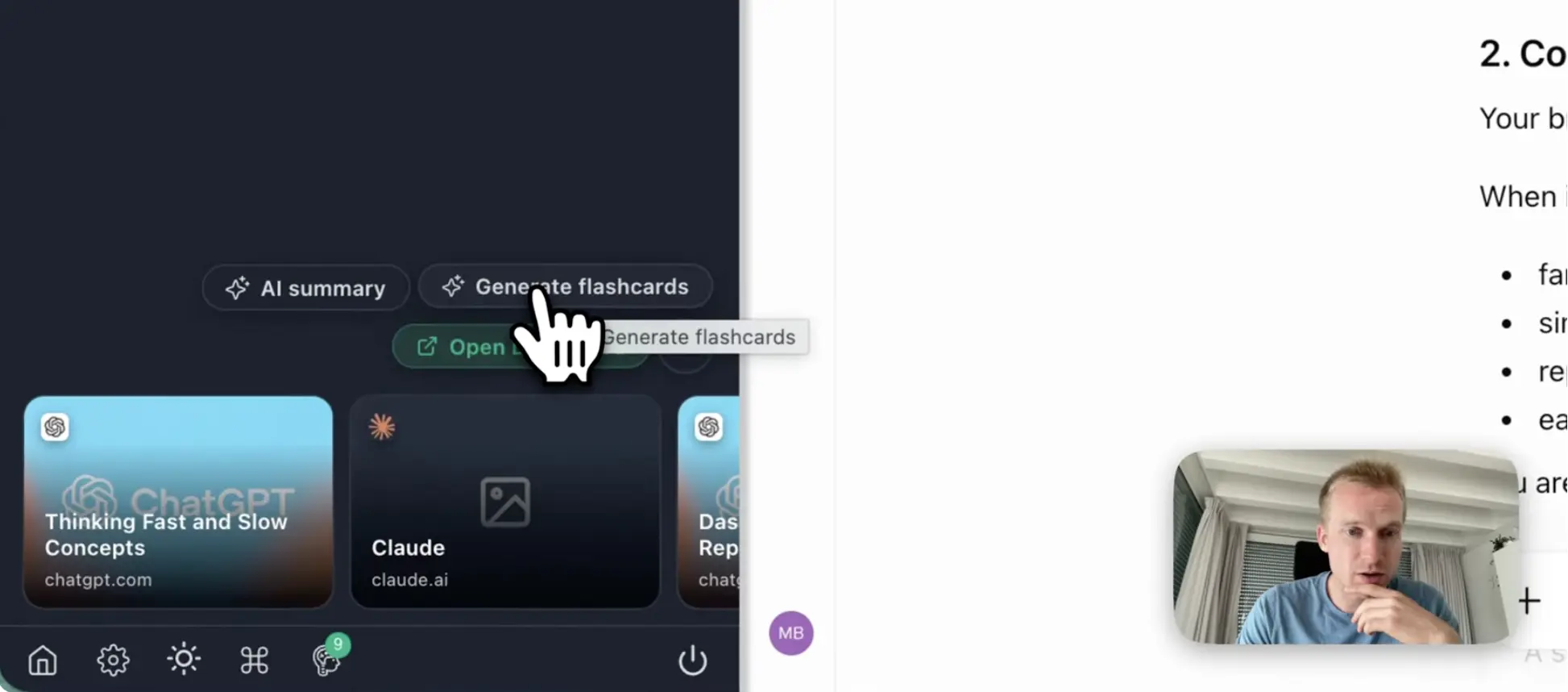 The Generate Flashcards quick action in the Web Highlights sidebar on a ChatGPT conversation
