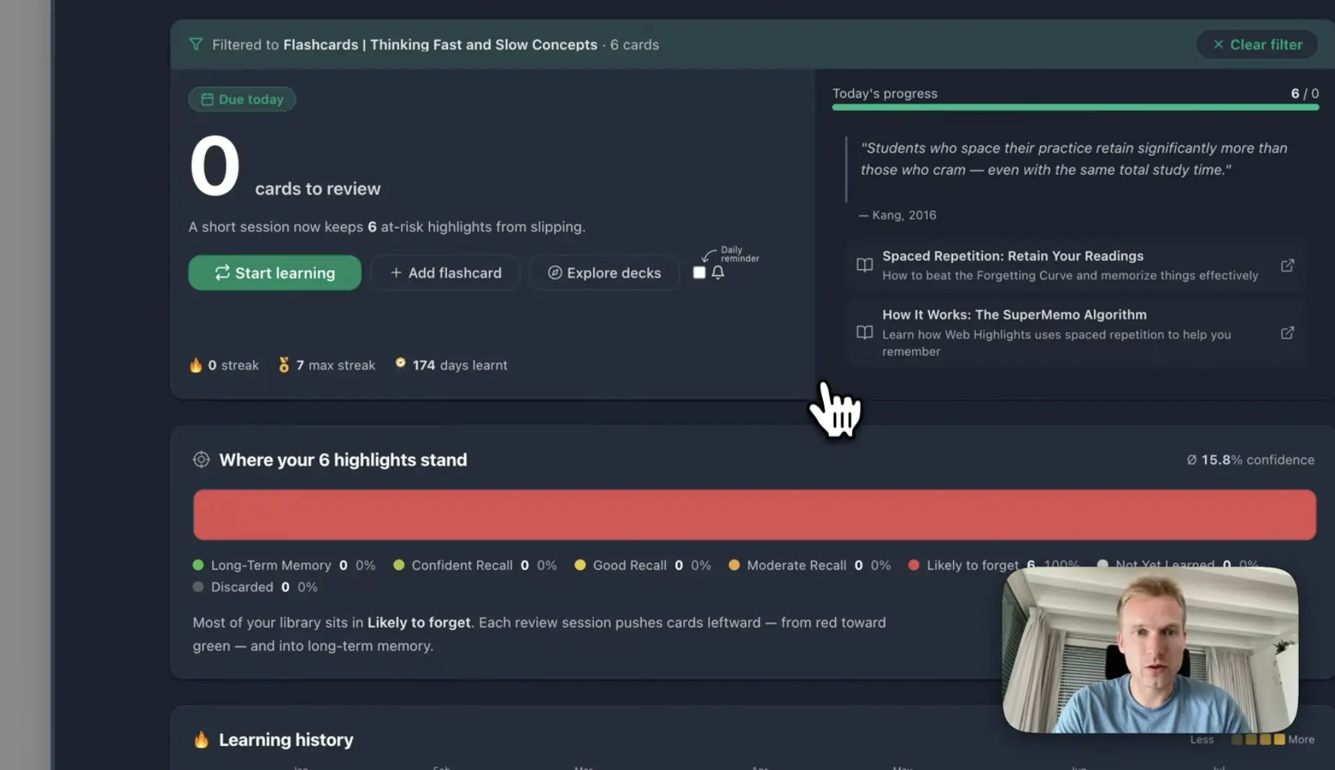 The Web Highlights learning dashboard showing memory strength grouped from Likely to Forget to Long-Term Memory