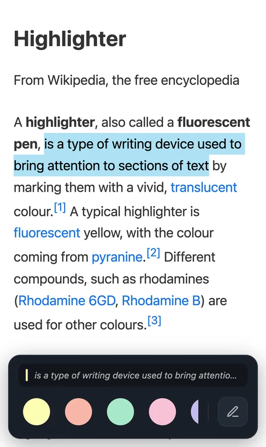 An article in the Web Highlights reader on an iPhone, with selected text and the highlight bar at the bottom